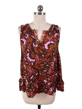 Democracy Boho-Chic Hippie Tunic Ruffle Top Large Brown Floral Earthy Indie